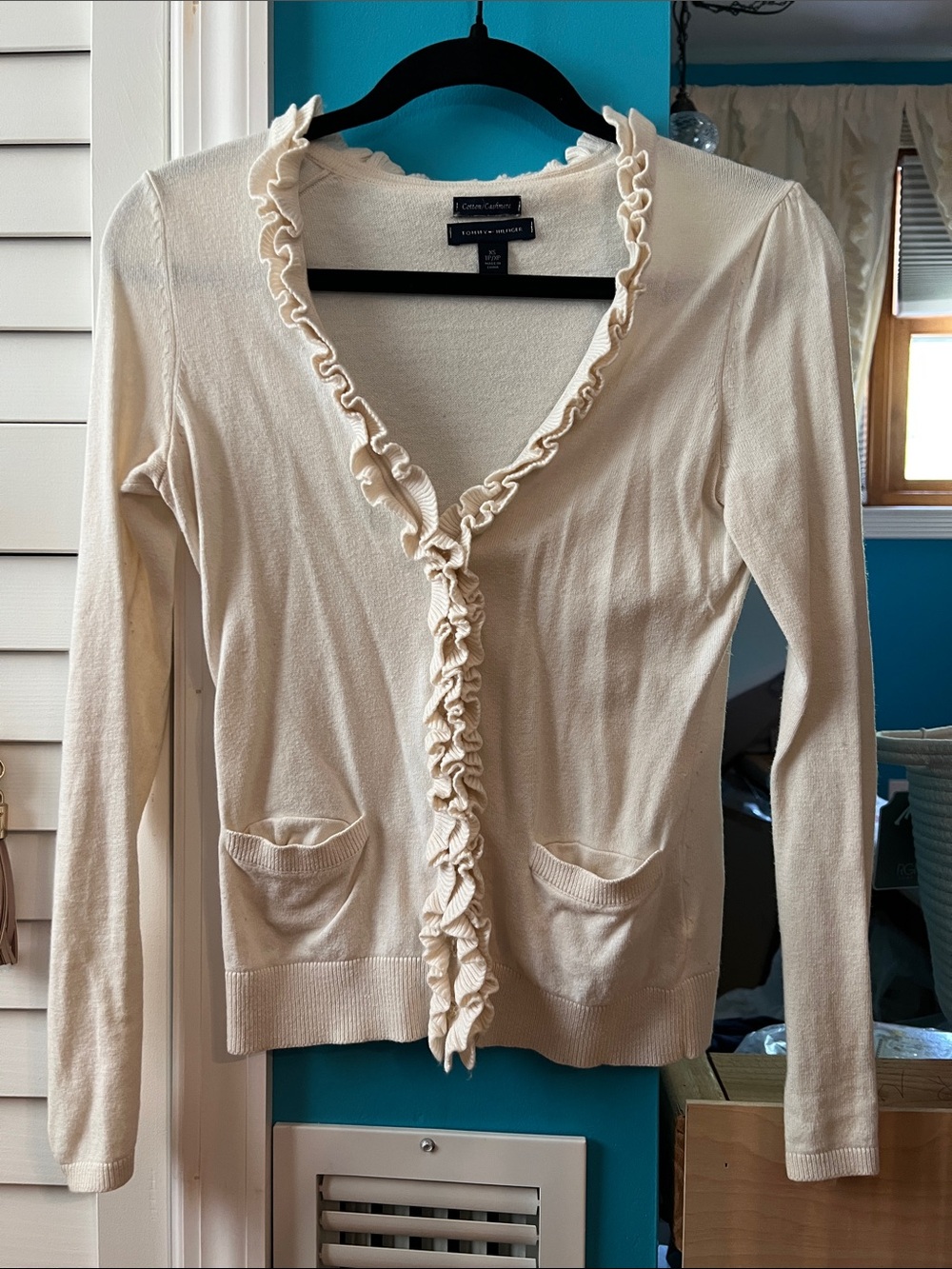 Tommy Hilfiger - Cream Cotton/Cashmere Cardigan - Ruffle Closure - XS